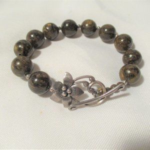 Sterling Silver Floral BROWN STONE BEAD BRACELET BANGLE Jewelry Boho Natural
